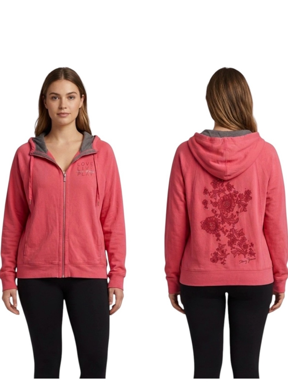 DKNY Pink Full Zip Hoodie Floral Back Graphic Love Live Play Casual Lounge XL